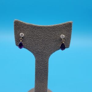 10K Yellow Gold Purple Amethyst and CZ Dangle tear drop Pierced earrings